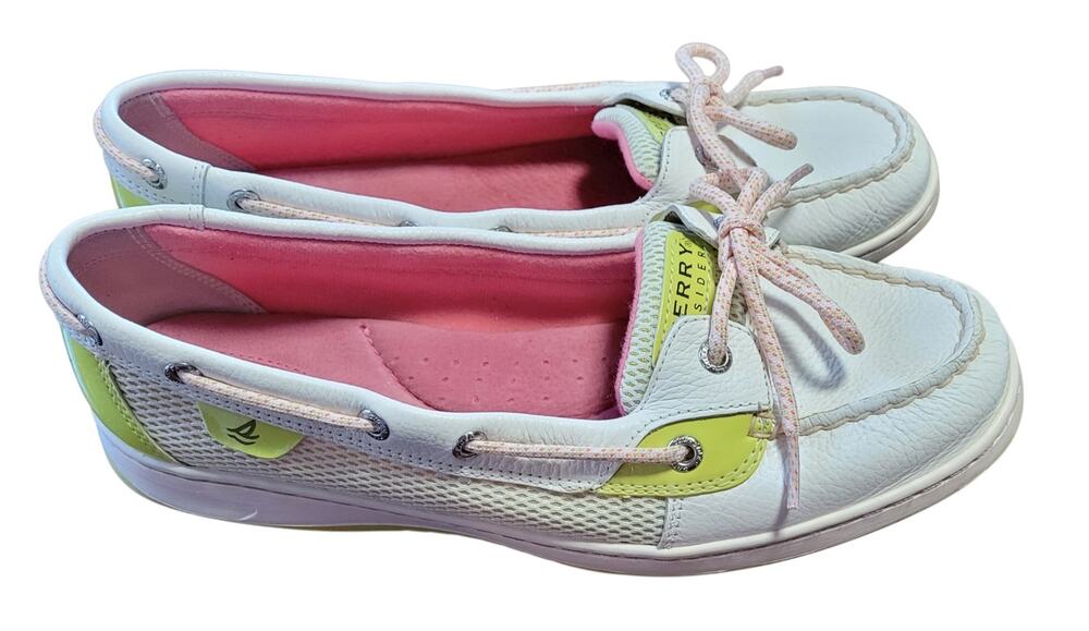 Sperry Bluefish 2-Eye Women’s White Leather Neon Lime Pink Boat Shoes Size 11M